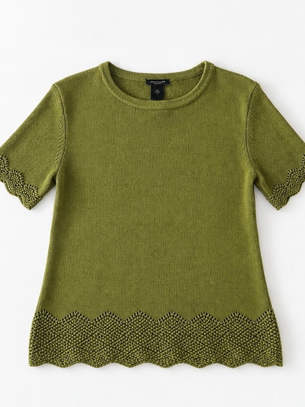 Ann Taylor Olive Green Short-Sleeve Knit Top with Scalloped Trim